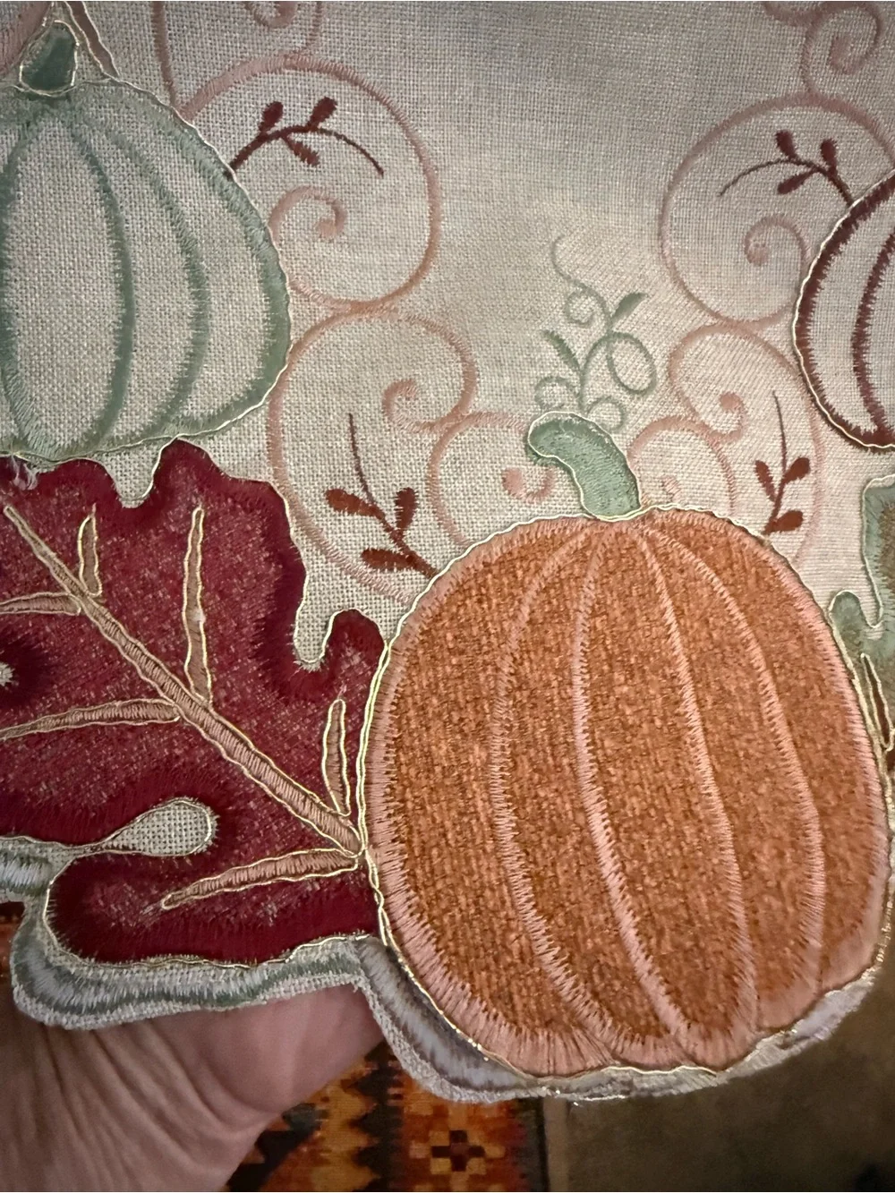 Cream Embroidered Pumpkin Table Runner with Autumn Leaves
